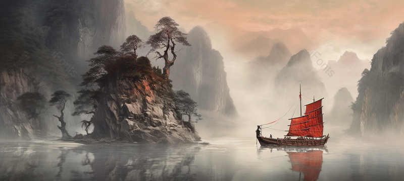 彩色水墨山峰石头树木帆船和水面倒影,插画/手绘图,插画/手绘图库,插画/手绘图下载,插画/手绘